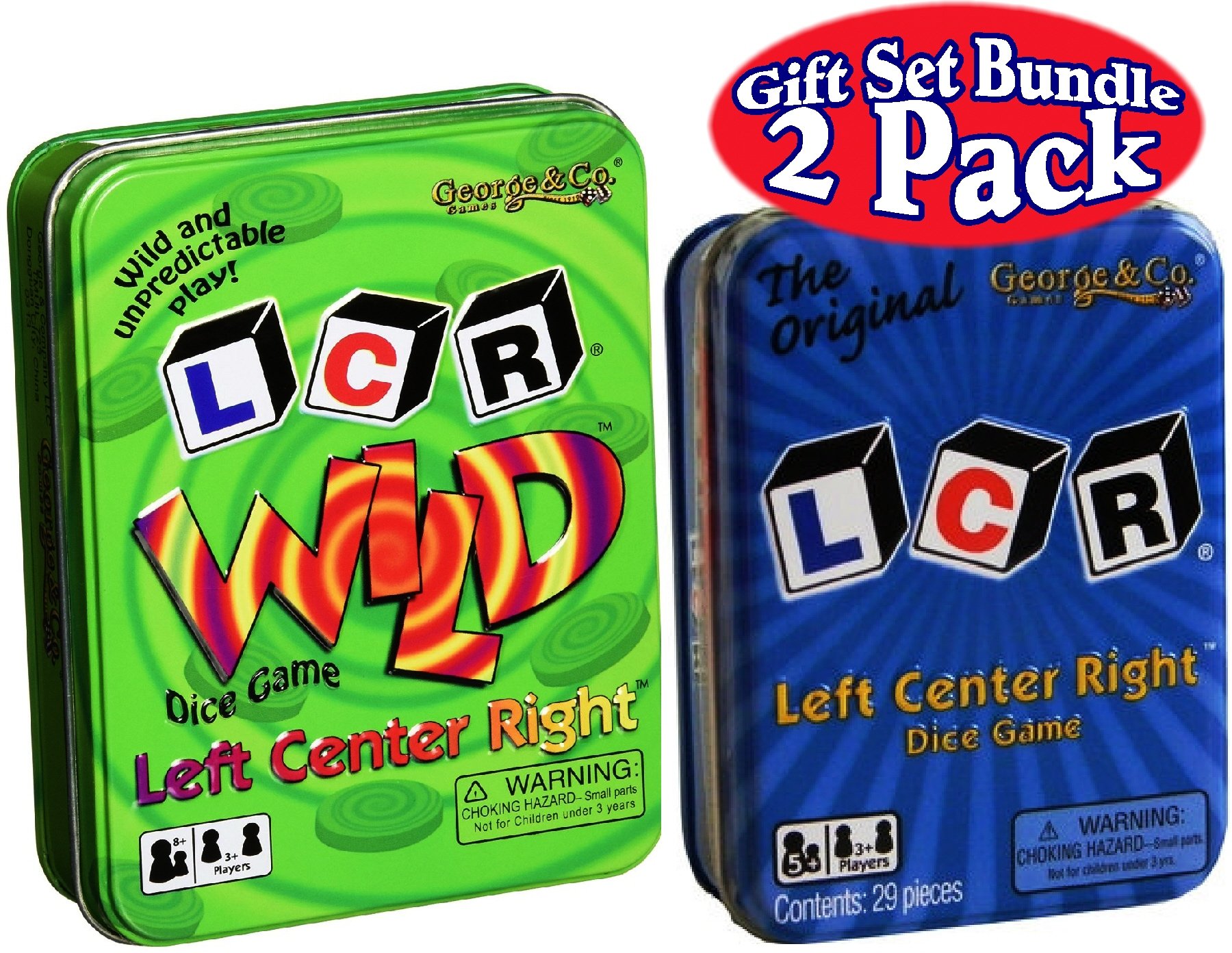 LCR (Left Right Center) Dice Game in Blue Tin & LCR Wild Dice Game in Green Tin Gift Set Bundle - 2 Pack