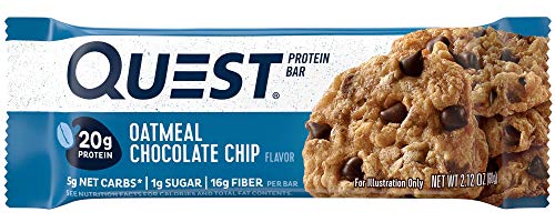 Quest Nutrition Protein Bar, Oatmeal Chocolate Chip, 20g Protein, 5g Net Carbs, 190 Cals, High Protein Bars, Low Carb Bars, Soy Free, 2.1 oz Bar, 12 Count