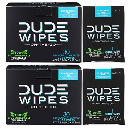 DUDE Wipes Flushable Wet Wipes (2 Packs 30 Wipes) Individually Wrapped for Travel, Unscented Wet Wipes with Vitamin-E & Aloe, Septic and Sewer Safe
