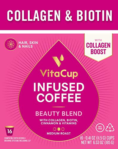 VitaCup Beauty Blend Coffee 16 Ct. Infused with Collagen, Biotin, Cinnamon, and Essential Vitamins, Compatible with K-Cup Brewers Including Keurig 2.0