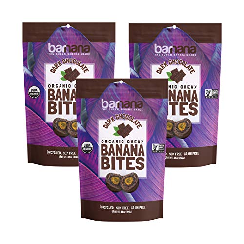 Organic Dark Chocolate Chewy Banana Bites - 3.5 Ounce (3 Count) - Delicious Barnana Coated Potassium Rich Banana Snacks - Lunch Dinner Sports Hiking Natural Snack - Whole 30, Paleo, Vegan