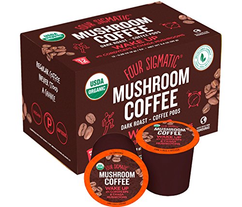 Four Sigmatic Mushroom Kcup Organic and Fair Trade Coffee Pods with Chaga and Cordyceps mushrooms Vegan, Paleo, Recyclable Kcups,12 count