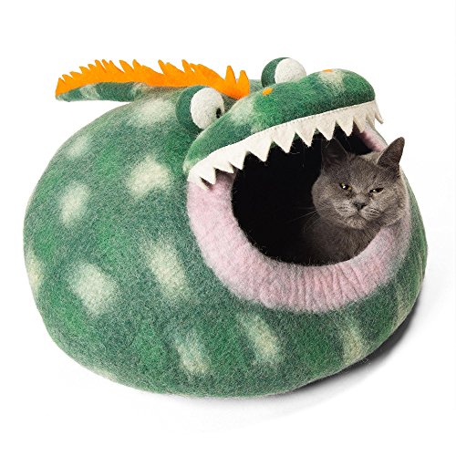 Twin Critters - Handcrafted Cat Cave Bed (Large) I Ecofriendly Cat Cave I Felted from 100% Natural Merino Wool I Handmade Pod for Cats and Kittens I Warm and Cozy cat Bed (Green Dragon)