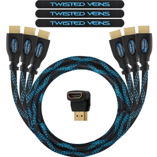 Twisted Veins HDMI Cable 6 ft, 3-Pack, Premium HDMI Cord Type High Speed with Ethernet, Supports HDMI 2.0b 4K 60hz HDR on All Tested Devices Except Apple TV 4K Where it Only Supports 4K 30hz