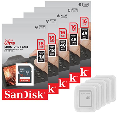 5 Pack - SanDisk Ultra 16GB SD SDHC Memory Flash Card UHS-I Class 10 Read Speed up to 48MB/s 320X SDSDUNB-016G-GN3IN Wholesale Lot + (5 Cases)