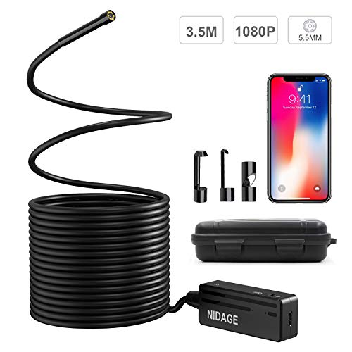 Wireless Endoscope Compatible iPhone Android, NIDAGE WiFi 5.5mm 1080P HD Borescope Inspection Camera 2.0MP Semi-Rigid Snake Camera for Inspecting Motor Engine Sewer Pipe Vehicle (11.5FT)