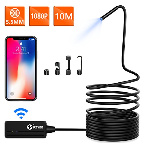 Wireless Endoscope, KZYEE 5.5mm Diameter 1080P 2.0 MP HD Semi-Rigid WiFi Borescope Inspection Camera IP67 Waterproof Snake Camera for Android & iOS Smartphone Tablet-33FT