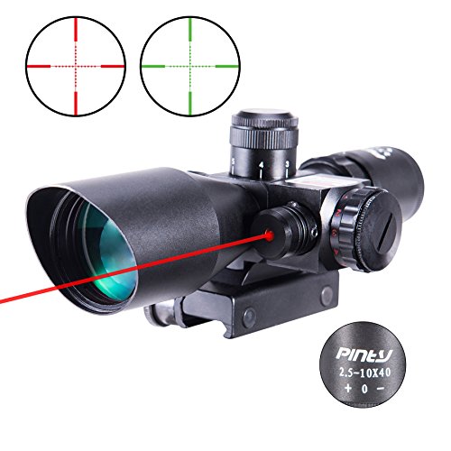 Pinty 2.5-10x40 AOEG Red Green Illuminated Mil-dot Tactical Rifle Scope with Red Laser Combo - Green Lens Color
