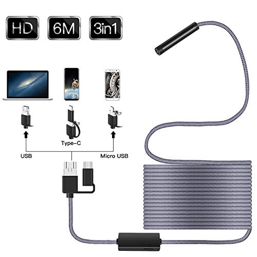 USB Endoscope, FYLINA 3 in 1 2.0MP HD Inspection Camera Semi-Rigid Borescope IP68 Waterproof Snake Camera with 8 Adjustable Led Light for Android Devices, Windows, MAC PC Computer (20FT)