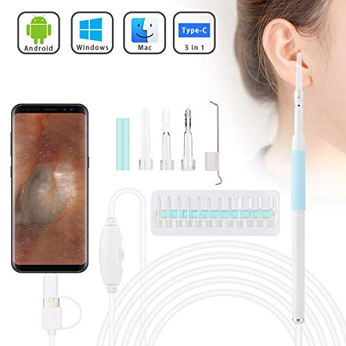 Ear Cleaning Endoscope, TSAAGAN 3 in 1 USB Digital Ear Otoscope Inspection Camera Earwax Cleaning Ear Pick Spoon Tool with 6 Led Lights Borescope for Android Smartphone, Widows, Mac PC