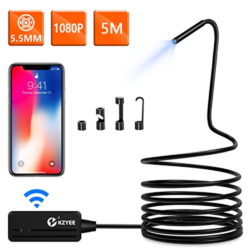 Wireless Endoscope, KZYEE 5.5mm Diameter 1080P 2.0 MP HD Semi-Rigid WiFi Borescope Inspection Camera IP67 Waterproof Snake Camera for Android & iOS Smartphone Tablet-16.5FT