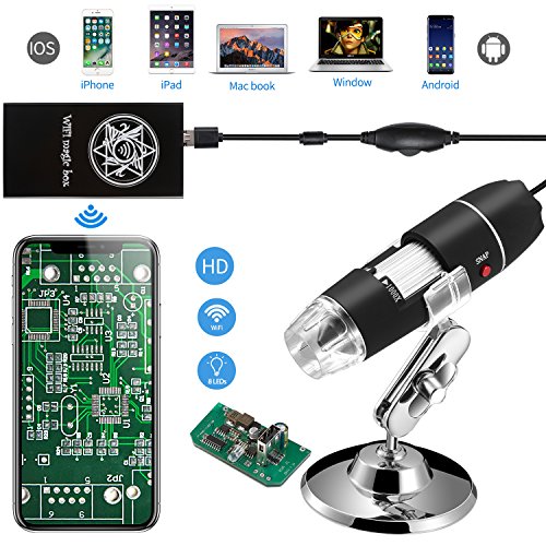 Jiusion WiFi USB Digital Handheld Microscope, 40 to 1000x Wireless Magnification Endoscope 8 LED Mini Camera with Phone Suction, Metal Stand and Case, Compatible with iPhone iPad Mac Window Android