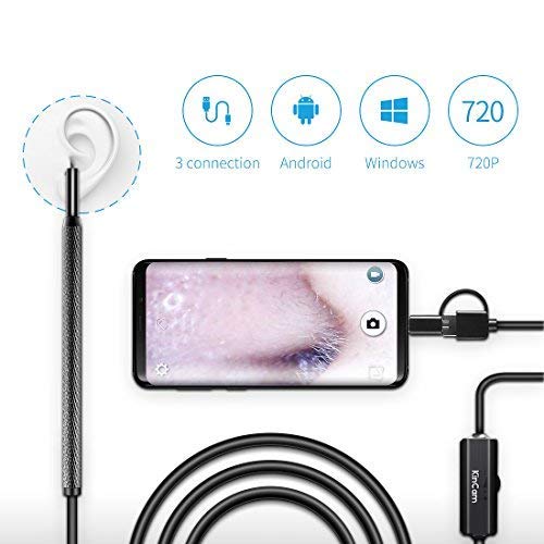 Ear Endoscope, KinCam Digital Ear Cleaning USB Otoscope Camera Tool with 6 Adjustable LED Lights, Suitable for Micro USB/Type-C/USB PC-Black (Not for iPhone)