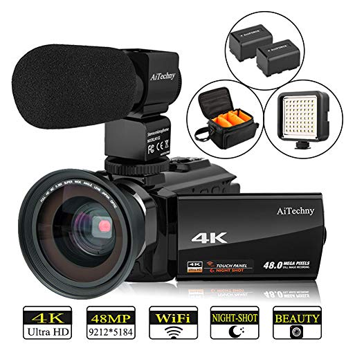 Video Camera 4K Camcorder AiTechny Ultra HD Digital WiFi Camera 48MP 16X Digital Zoom Recorder 3.0" Touch Screen IR Night Vision with Microphone, Wide Angle Lens, LED Video Light, 2 Batteries, DV Bag