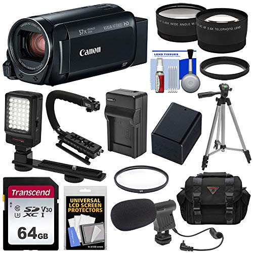 Canon Vixia HF R800 1080p HD Video Camera Camcorder (Black) with 64GB Card + Battery & Charger + Case + Tripod + Stabilizer + LED + Mic + 2 Lens Kit