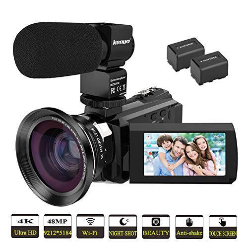 Video Camera, Kenuo 4K Camcorder 48MP 4K Video Camera Ultra HD Digital Video Camera with External Microphone 3.0" Touch Screen IR Night Vision 16X Digital Zoom Cameras with Wide Angle Lens,2 Batteries