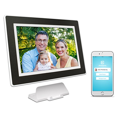 PhotoSpring (16GB) 10-inch WiFi Cloud Digital Picture Frame - Battery, Touch-Screen, Plays Video and Photo Slideshows, HD IPS Display, iPhone & Android app (White/Black Mat - 15,000 Photos)
