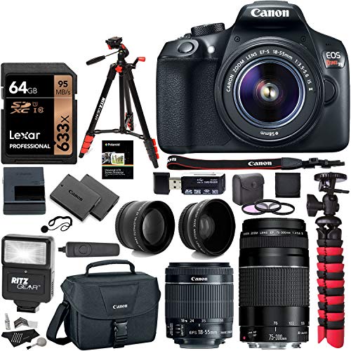 Canon EOS Rebel T6 DSLR Camera Kit, EF-S 18-55mm is II Lens, EF 75-300mm III Lens, RitzGear Wide Angle, Telephoto Lens, 64GB and Accessory Bundle