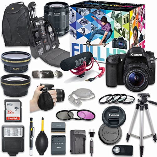 Canon EOS 80D DSLR Camera Deluxe Video Creator Kit with Canon EF-S 18-55mm f/3.5-5.6 IS STM Lens + Rode VIDEOMIC GO Microphone + SanDisk 32GB SD Memory Card + Accessory Bundle