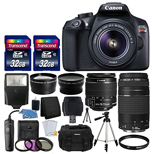 Canon EOS Rebel T6 Digital SLR Camera + Canon 18-55mm EF-S f/3.5-5.6 IS II Lens & EF 75-300mm f/4-5.6 III Lens + Wide Angle Lens + 58mm 2x Lens + Slave Flash + 64GB Memory Card + Wired Remote + Bundle