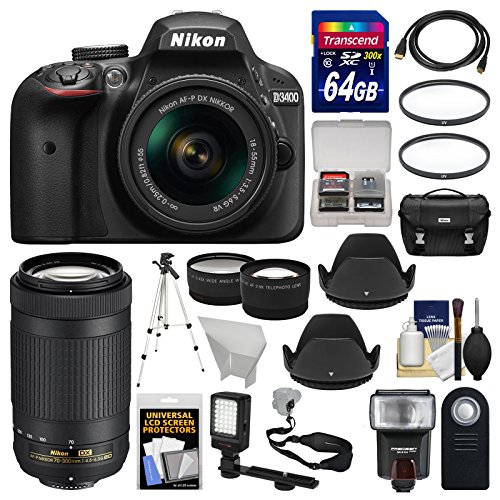 Nikon D3400 Digital SLR Camera & 18-55mm VR & 70-300mm DX AF-P Lenses with 64GB Card + Case + Flash + LED Video Light + Tripod + Tele/Wide Lens Kit