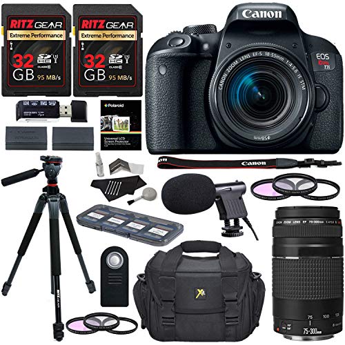 Canon EOS Rebel T7i Digital SLR Camera 18-55mm STM Lens + Canon EF 75-300mm III Lens + Ritz 64GB + 60" Tripod + Filter Kit + Bag + Microphone + Accessory Bundle