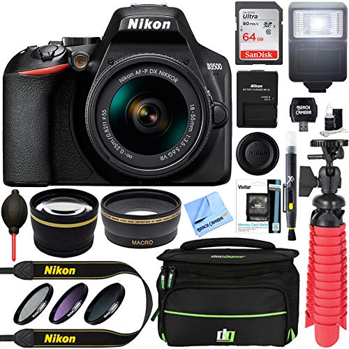 Nikon D3500 24.2MP DSLR Camera + AF-P DX 18-55mm VR NIKKOR Lens Kit + Accessory Bundle 64GB SDXC Memory + SLR Photo Bag + Wide Angle Lens + 2.2X Telephoto Lens + Flash +Tripod +Filters (Black)