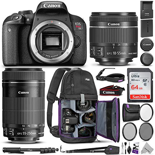 Canon EOS Rebel T7i DSLR Camera with 18-55mm is STM & 55-250mm Lenses Kit w/Advanced Photo & Travel Bundle - Includes: Altura Photo Backpack, SanDisk 64gb SD Card, Monopod, Filter Kit and Neck Strap