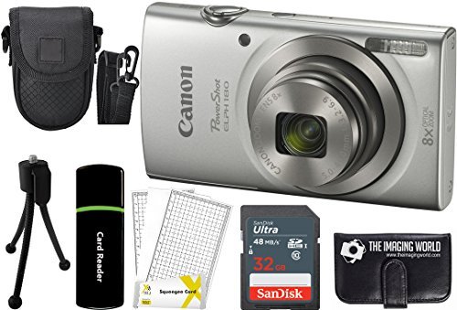 Canon PowerShot ELPH 180 20MP 8X Zoom Digital Camera (Silver) + 32GB Card + Reader + Case + Accessory Bundle