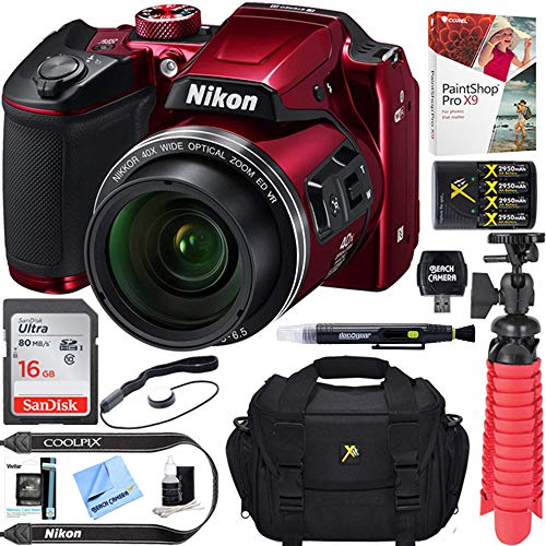 Nikon COOLPIX B500 16MP 40x Optical Zoom Digital Camera w/Built-in Wi-Fi NFC & Bluetooth (Red) + 16GB SDHC Accessory Bundle
