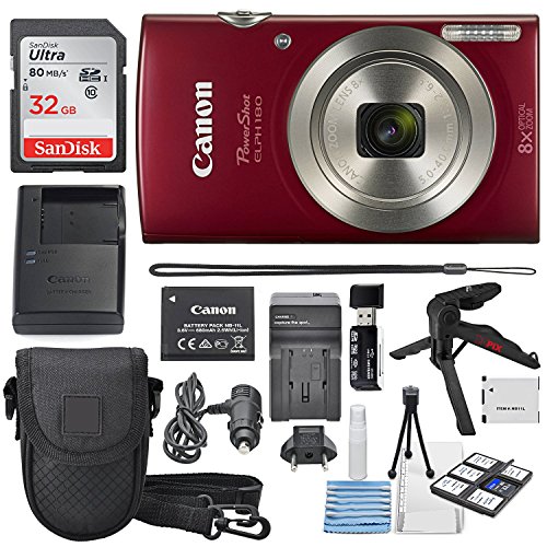 Canon PowerShot ELPH 180 Digital Camera (Red) + 32GB SDHC Memory Card + Flexible tripod + AC/DC Turbo Travel Charger + Replacement battery + Protective camera case with Deluxe Bundle
