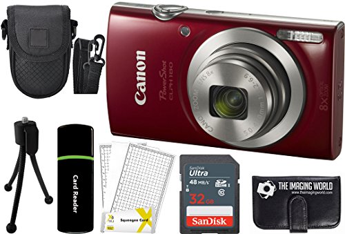 Canon PowerShot ELPH 180 20MP 8X Zoom Digital Camera (Red) + 32GB Card + Reader + Case + Accessory Bundle