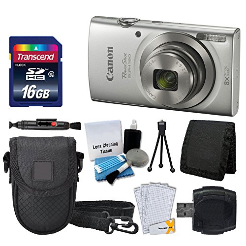 Canon PowerShot ELPH 180 Digital Camera (Silver) + Transcend 16GB Memory Card + Point & Shoot Camera Case + USB Card Reader + LCD Screen Protectors + Memory Card Wallet + Cleaning Pen + Accessory Kit