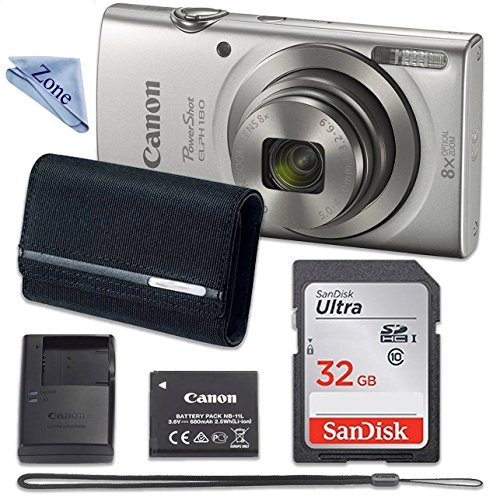 Canon PowerShot ELPH 180 Digital Camera (Silver) with 32GB Memory + CASE + CLOTH