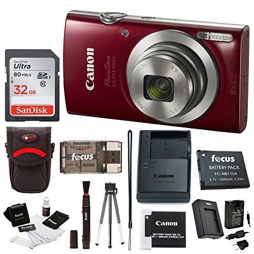 Canon PowerShot ELPH 180 20 MP Digital Camera (Red) + 32GB Card + Battery and Charger + Accessory Bundle