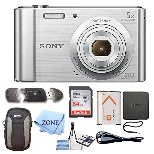 Sony W800/S DSC-W800/S DSCW800S 20 MP Digital Camera 5x Optical Zoom (Silver) Bundle with 64GB SDHC Memory Card, Table top Tripod, Deluxe Case, and Lens Cleaning Cloth