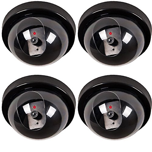 WALI Dummy Fake Security CCTV Dome Camera with Flashing Red LED Light With Warning Security Alert Sticker Decals (SD-4), 4 Packs, Black