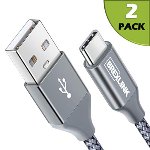 BrexLink USB Certified Type C Cable, USB C to USB A Charger (6.6ft, 2 Pack), Nylon Braided Fast Charging Cord for Samsung Galaxy S9 S8 Note 9, Pixel, LG V30 G6 G5, Nintendo Switch, OnePlus 5 3T (Grey)