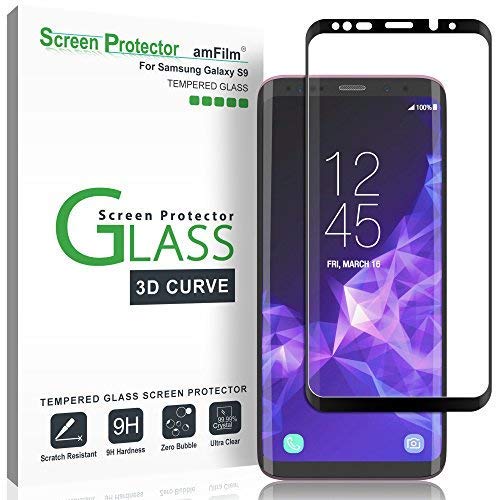 Galaxy S9 Screen Protector Glass, amFilm 3D Curved Dot Matrix Full Screen Samsung Galaxy S9 Tempered Glass Screen Protector (5.8") 2018 with Easy Application Tray (NOT S9 Plus) (Case Friendly)