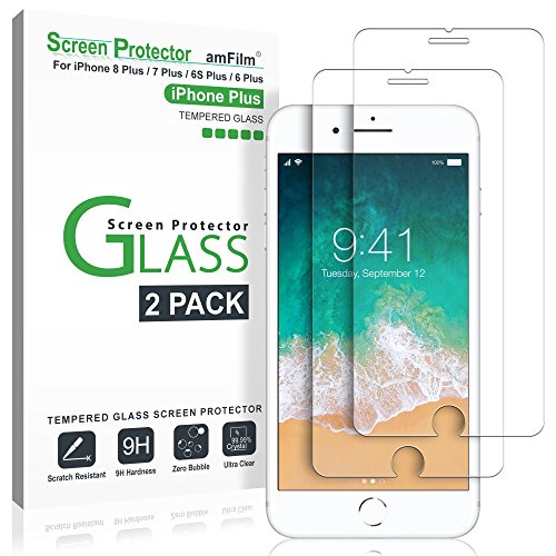 iPhone 8 Plus, 7 Plus, 6S Plus, 6 Plus Screen Protector, amFilm Tempered Glass Screen Protector for Apple iPhone 8 Plus, 7 Plus, iPhone 6S Plus, 6 Plus [5.5" inch] 2017, 2016, 2015 (2-Pack)