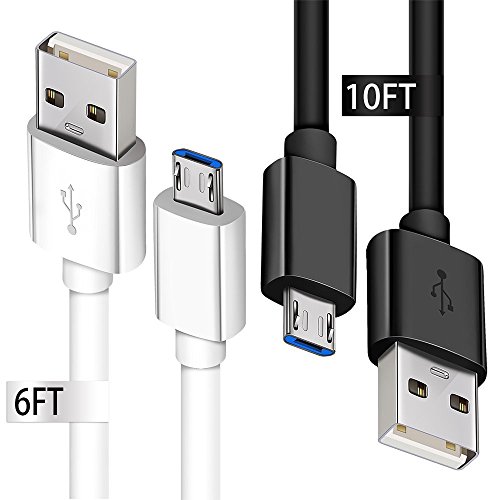 Micro USB Charging Cable, 2 Pack(6ft Wht+10ft Blk) Android Phone Fast Charger Cord with Extra Long Length for Samsung Galaxy S7 Edge/S7/S6 Edge/S6, Note 5/4/2, HTC, LG G4, BlackBerry, Motorola, Sony