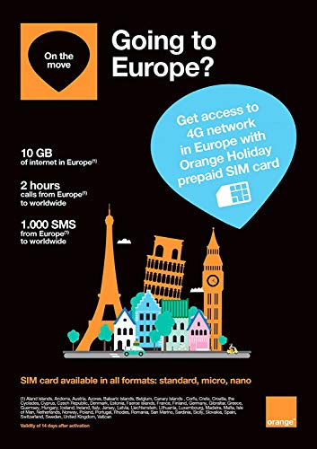 Orange Holiday Europe – Prepaid SIM card – 10GB Internet Data in 4G/LTE (data tethering allowed) + 120 mn + 1000 texts in 30 countries in Europe
