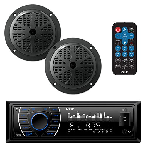 Pyle Marine Headunit Receiver Speaker Kit - In-Dash LCD Digital Stereo Built-in Bluetooth & Microphone w/ AM FM Radio System 5.25’’ Waterproof Speakers (2) MP3/SD Readers & Remote Control - PLMRKT46BK