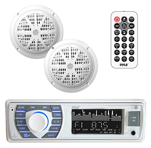 Marine Receiver & Speaker Kit - In-Dash LCD Digital Stereo Built-in Bluetooth & Microphone w/ AM FM Radio System 5.25’’ Waterproof Speakers (2) MP3/USB/SD Readers & Remote Control - Pyle PLMRKT36WT