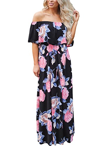 Happy Sailed Women Floral Print Off Shoulder Maxi Dresses, Large Black