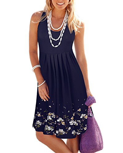 KILIG Summer Casual Loose Print Pleated Sleeveless Vest Dresses(Navy, M)