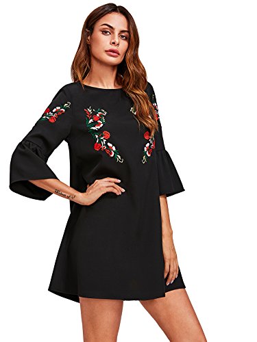 Floerns Women&#039;s Bell Sleeve Embroidered Tunic Dress Black L