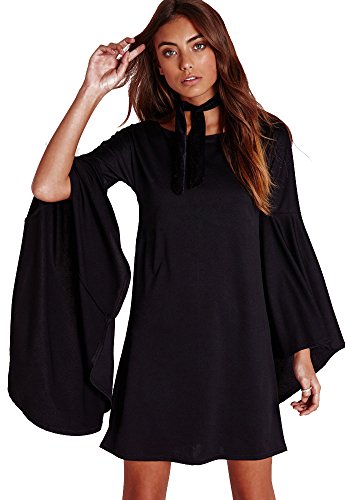 VIVICASLTE Long Flare Bell Sleeve Blouse Mini Dress (2x-large, Black)