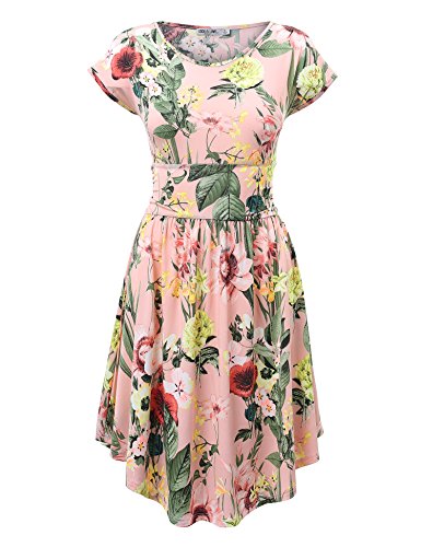 WDR1483 Womens Print Short Sleeve Shirring Dress XL Pink_Floral