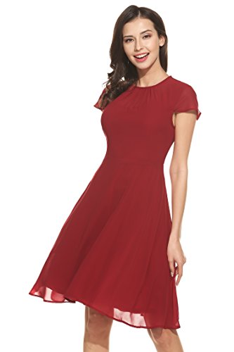 Zeagoo Women V Neck Wrap Ruched Waist Long Sleeve Fit Flare Casual Party Dress,Wine Red,Medium